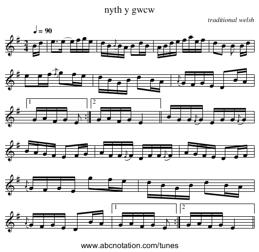 nyth y gwcw - staff notation