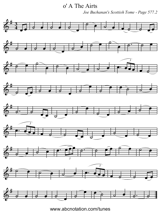 o' A The Airts - staff notation