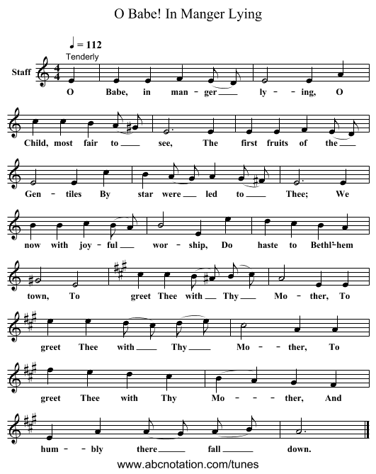 O Babe! In Manger Lying - staff notation