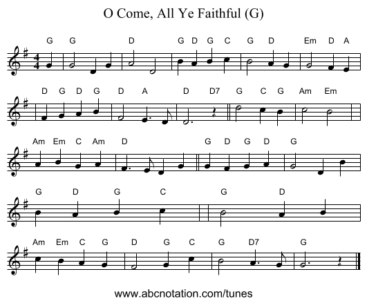 O Come, All Ye Faithful (G) - staff notation