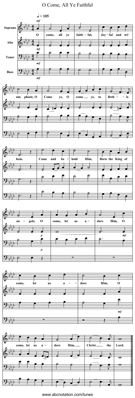 O Come, All Ye Faithful - staff notation