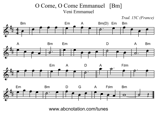 O Come, O Come Emmanuel   [Bm] - staff notation