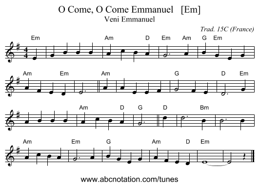 O Come, O Come Emmanuel   [Em] - staff notation