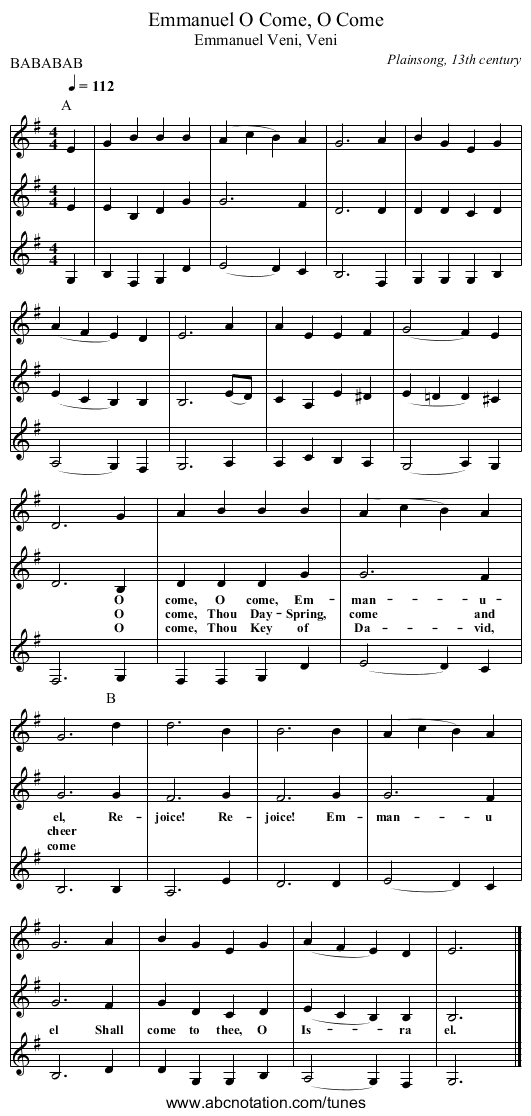 O Come, O Come, Emmanuel - staff notation