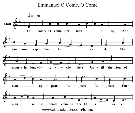 O Come, O Come, Emmanuel - staff notation