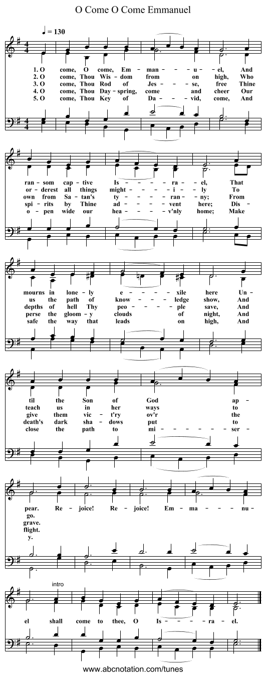 O Come O Come Emmanuel - staff notation