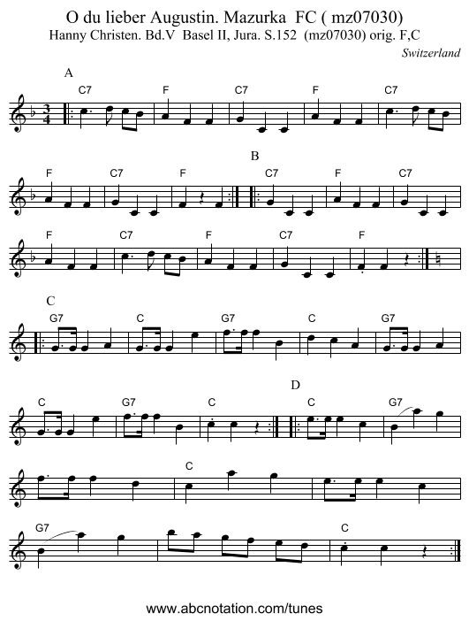 O du lieber Augustin. Mazurka  FC ( mz07030) - staff notation