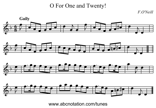 O For One and Twenty! - staff notation