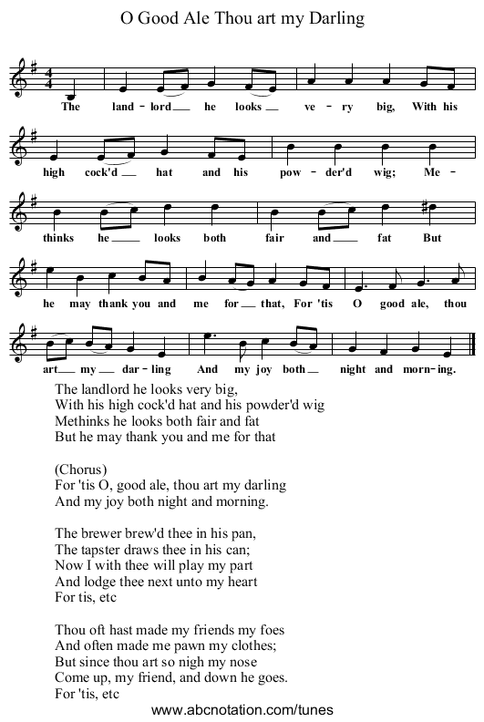 O Good Ale Thou art my Darling - staff notation