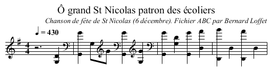 Ô grand St Nicolas patron des écoliers - staff notation