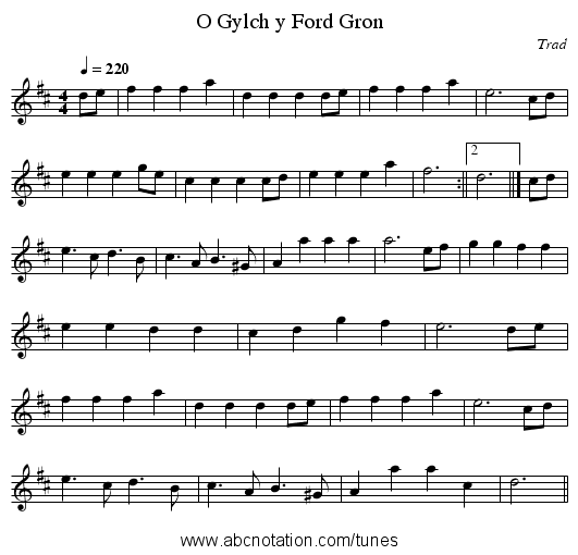 O Gylch y Ford Gron - staff notation