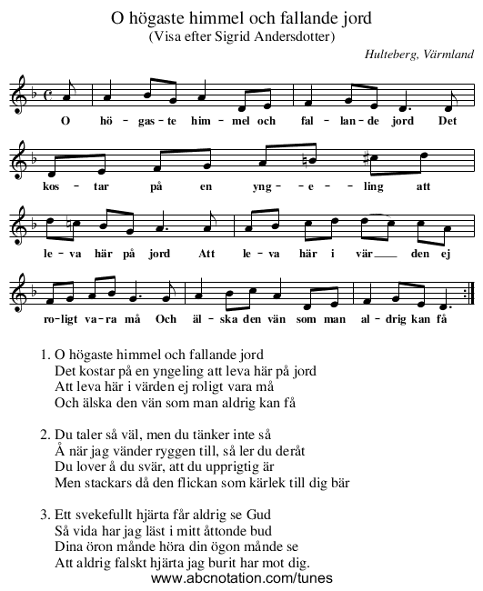 O högaste himmel och fallande jord - staff notation