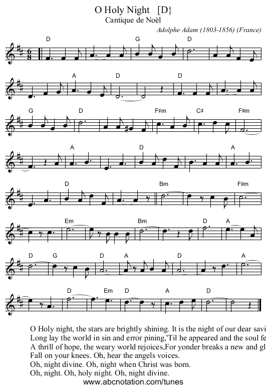 O Holy Night   [D} - staff notation