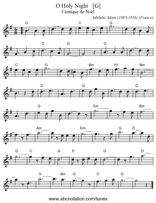 O Holy Night   [G] - staff notation