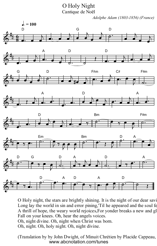 O Holy Night - staff notation