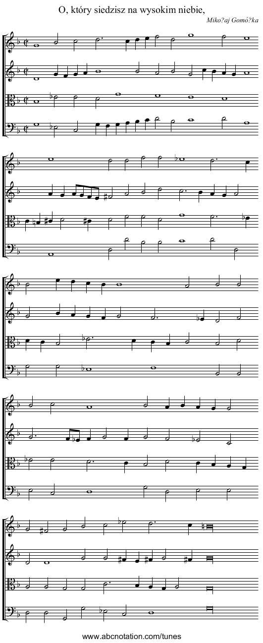 O, który siedzisz na wysokim niebie, - staff notation