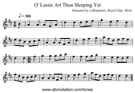 O' Lassie Art Thou Sleeping Yet - staff notation