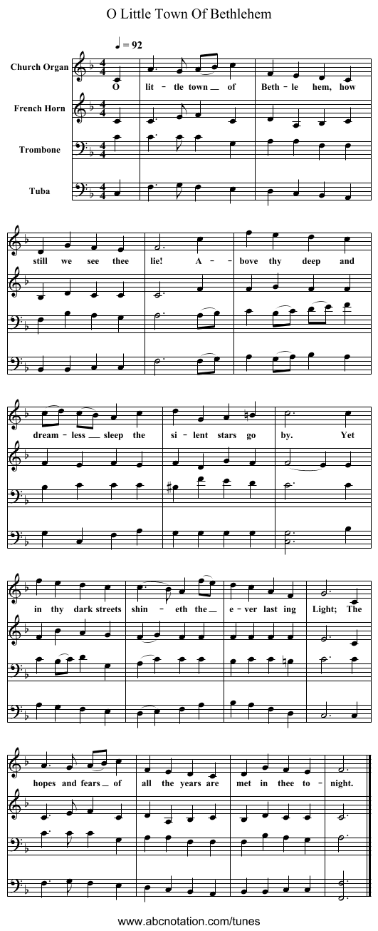 O Little Town Of Bethlehem - staff notation