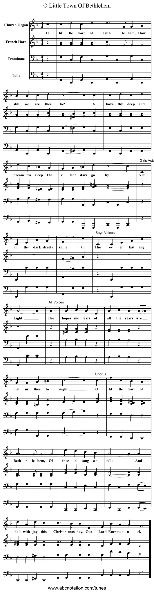 O Little Town Of Bethlehem - staff notation