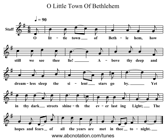 O Little Town Of Bethlehem - staff notation