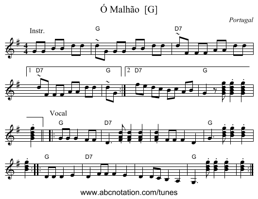 &Oacute; Malh&atilde;o  [G] - staff notation