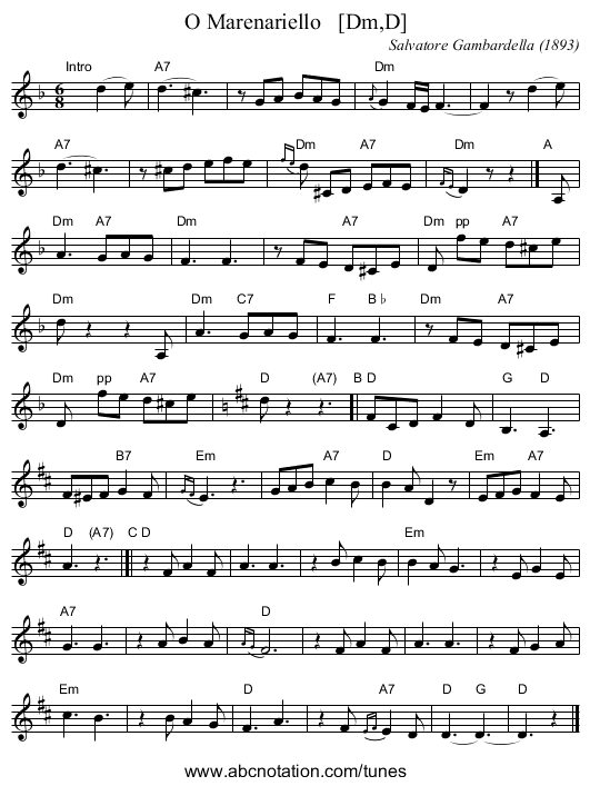 O Marenariello   [Dm,D] - staff notation