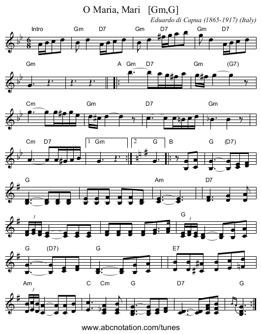 O Maria, Mari   [Gm,G] - staff notation