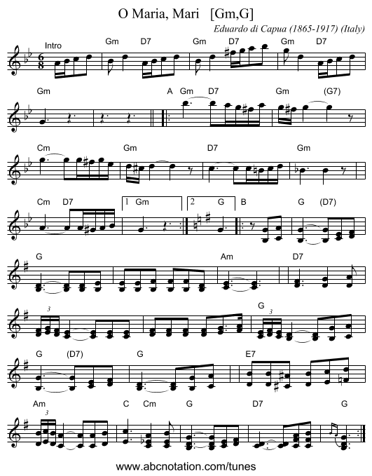 O Maria, Mari   [Gm,G] - staff notation