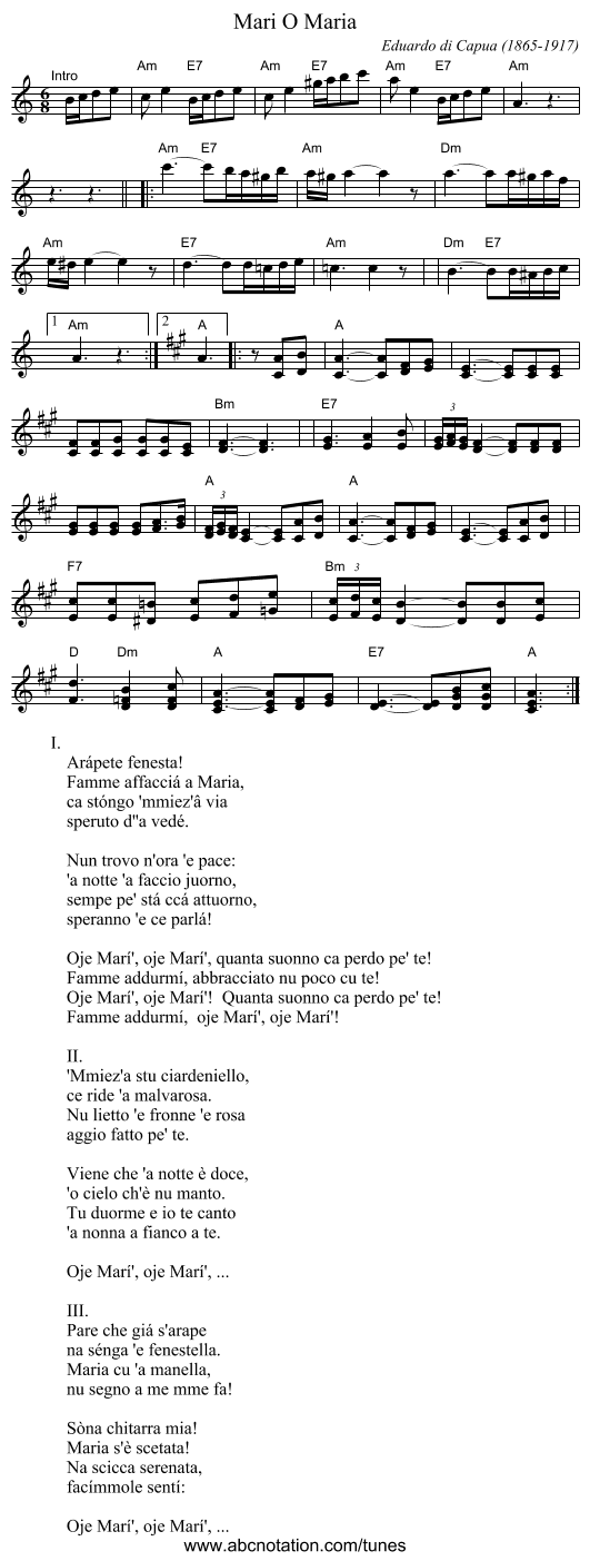 O Maria, Mari - staff notation