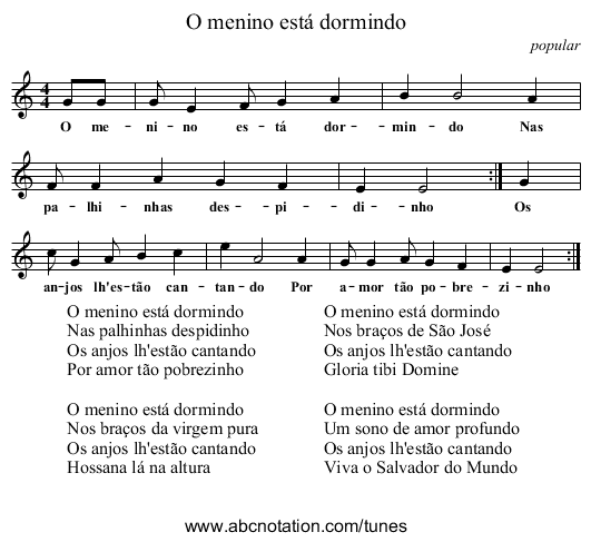 O menino está dormindo - staff notation