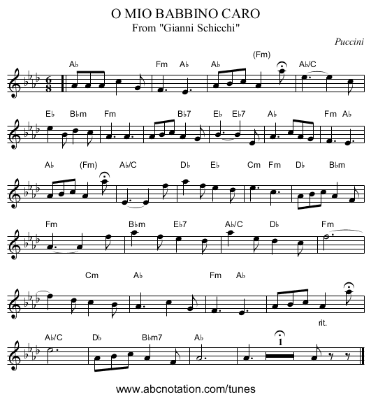 O MIO BABBINO CARO - staff notation