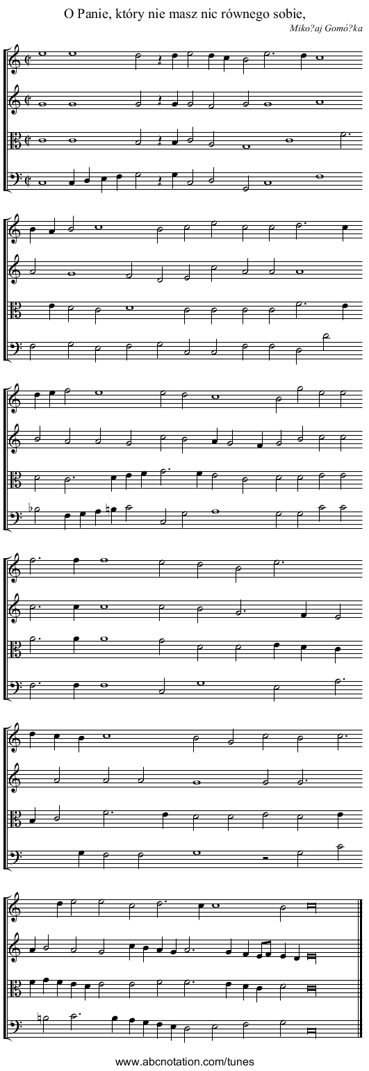 O Panie, który nie masz nic równego sobie, - staff notation