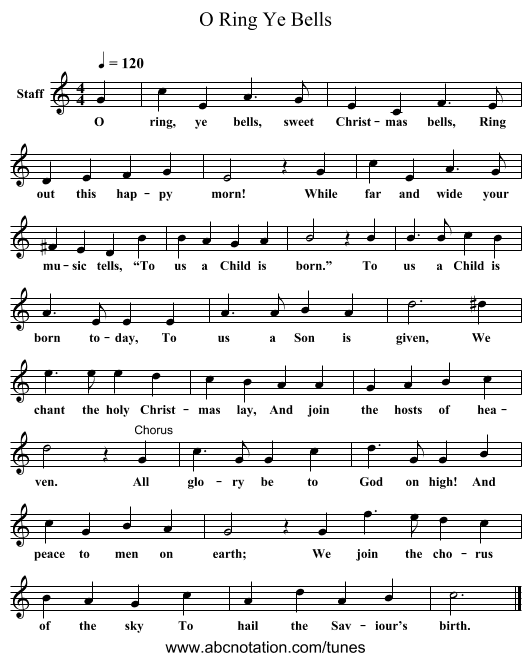 O Ring Ye Bells - staff notation