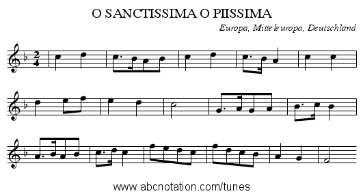 O SANCTISSIMA O PIISSIMA - staff notation