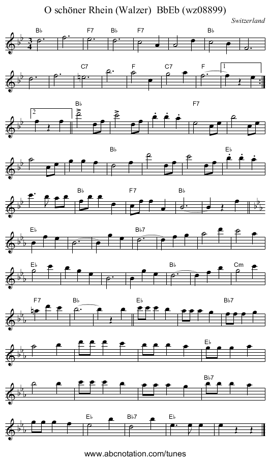 O sch&ouml;ner Rhein (Walzer)  BbEb (wz08899) - staff notation