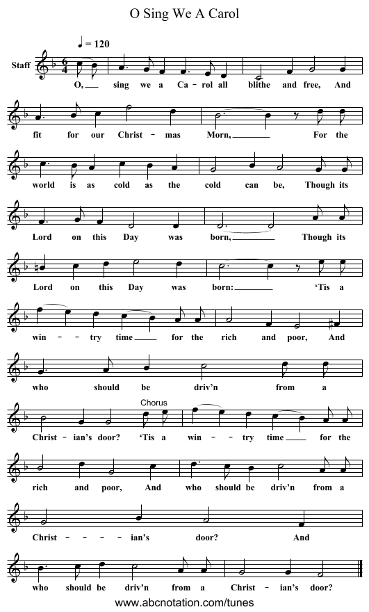 O Sing We A Carol - staff notation