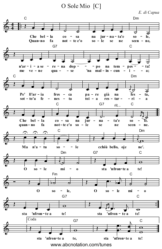 O Sole Mio  [C] - staff notation