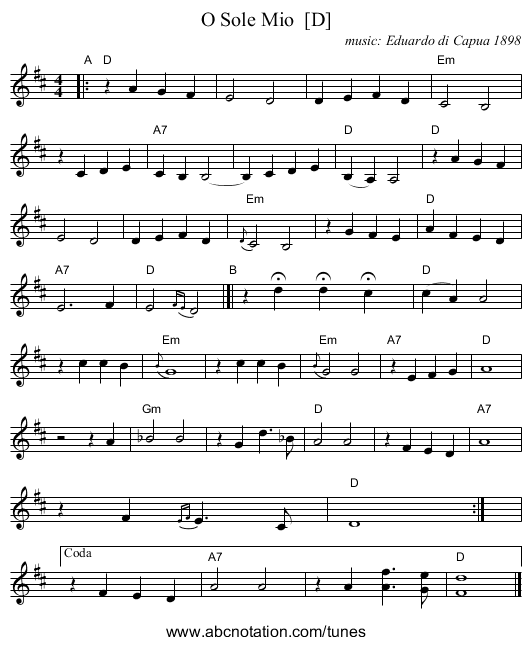O Sole Mio  [D] - staff notation