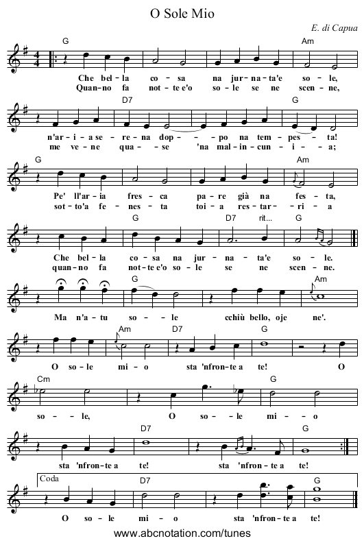 O Sole Mio - staff notation