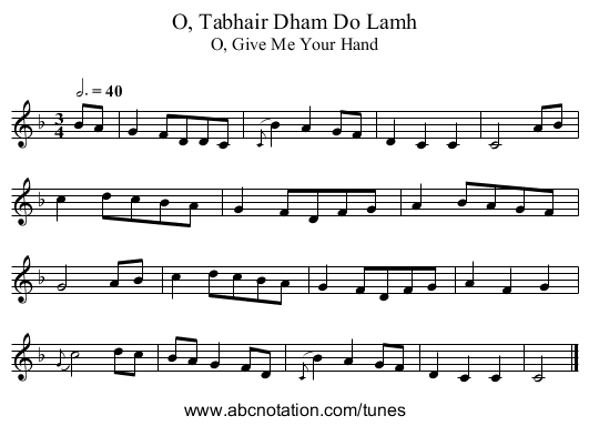 O, Tabhair Dham Do Lamh - staff notation