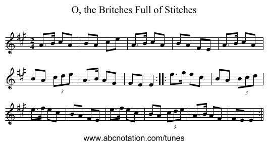 O, the Britches Full of Stitches - staff notation