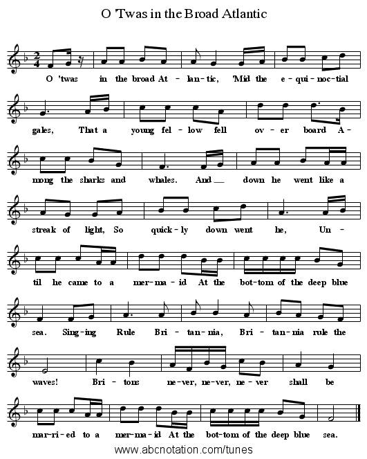 O 'Twas in the Broad Atlantic - staff notation