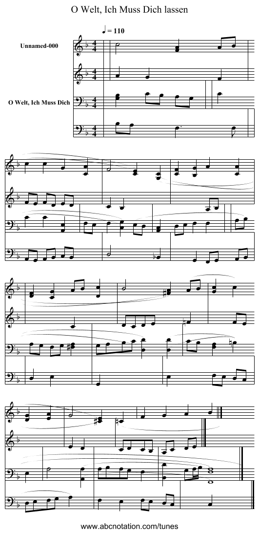 O Welt, Ich Muss Dich lassen - staff notation