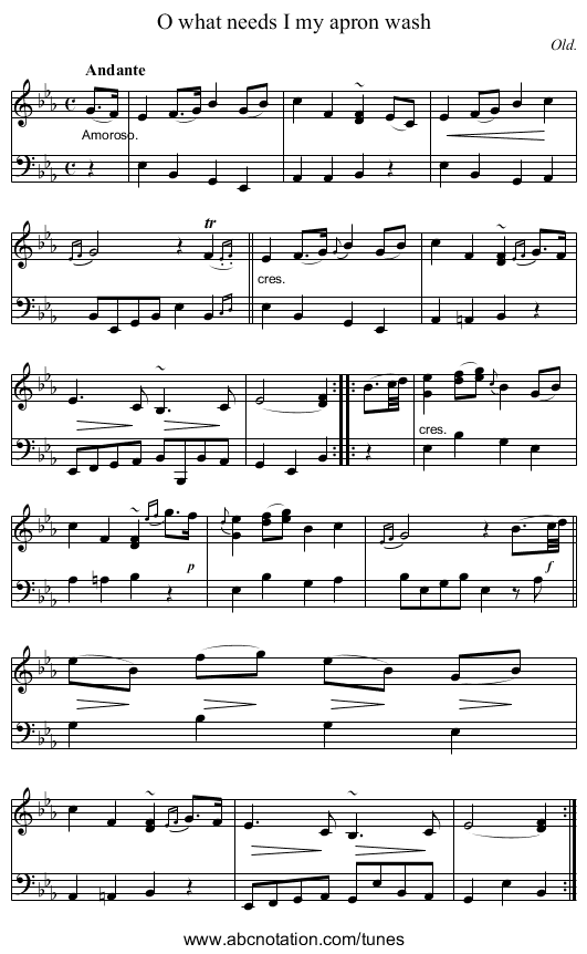 O what needs I my apron wash - staff notation