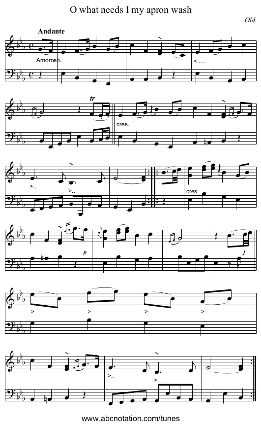 O what needs I my apron wash - staff notation