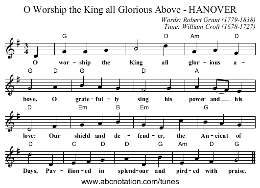 O Worship the King all Glorious Above - HANOVER - staff notation