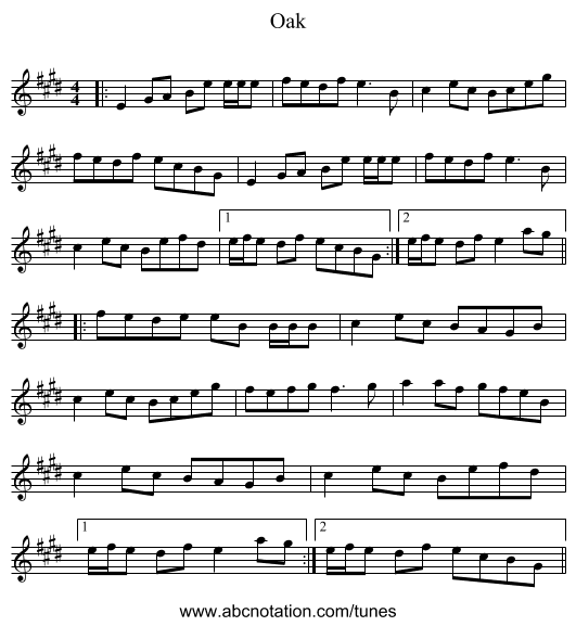 Oak - staff notation