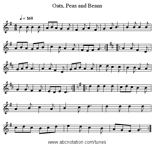Oats, Peas and Beans - staff notation
