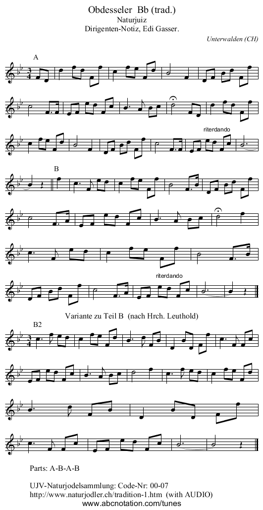 Obdesseler  Bb (trad.) - staff notation
