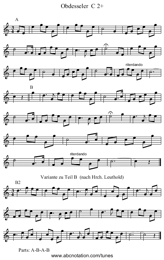 Obdesseler  C 2+ - staff notation